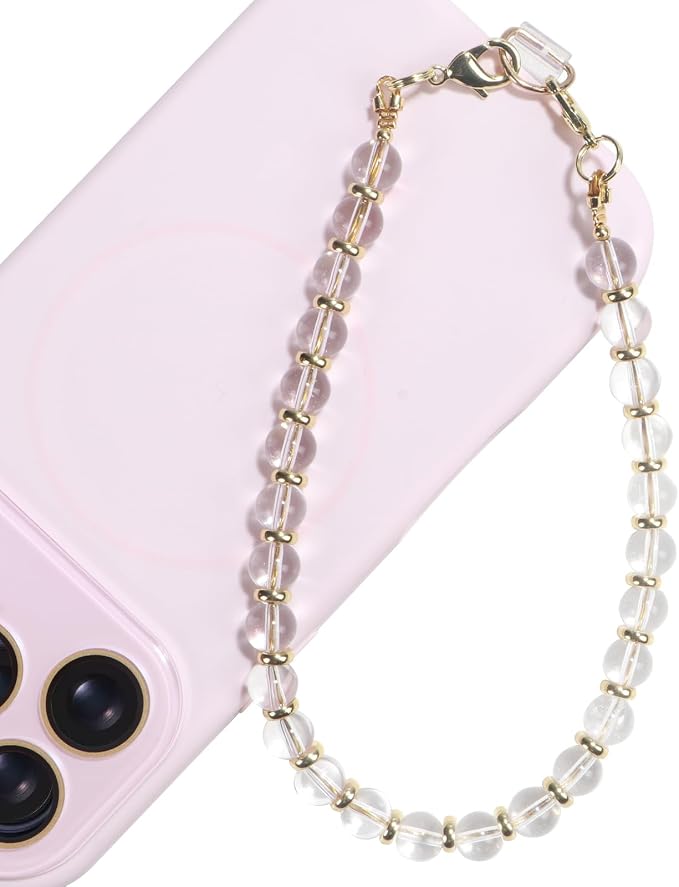 TEAMOLA Natural Stone Phone Charm, Handmade Crystal Cellphone Chain for Universal, Beaded Healing Anti Theft Phone Wrist Strap with Tether Tab, Clear Quartz