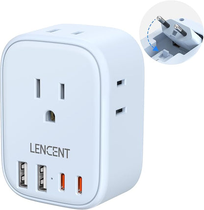 LENCENT European Travel Plug Adapter US to Europe Type-C Foldable Plug | with 4 Outlets 4 USB Ports (2 USB C), Power Adaptor for USA to EU Euro Iceland Spain Italy France Germany Greece, Blue