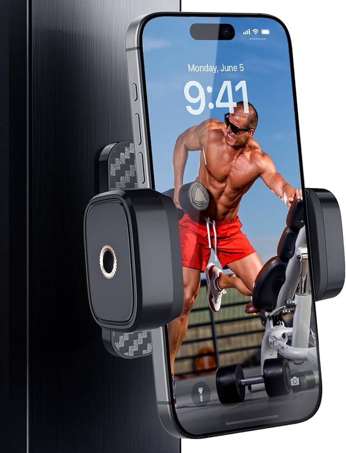 IPOW Magnetic Gym Phone Holder with 360° Rotation, Strong Alloy Base & Adjustable Arm, Compatible with 4.7"-6.5" Smartphones, Magnetic Mount for Gym Equipment, Workout, Treadmill – Black