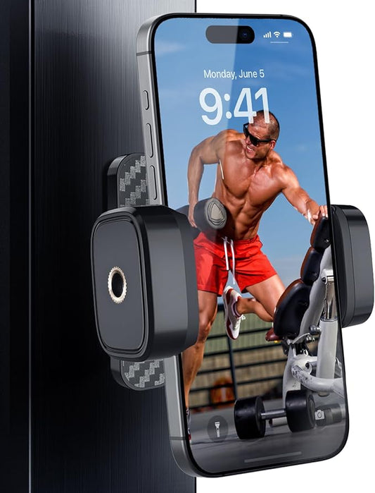 IPOW Magnetic Gym Phone Holder with 360° Rotation, Strong Alloy Base & Adjustable Arm, Compatible with 4.7"-6.5" Smartphones, Magnetic Mount for Gym Equipment, Workout, Treadmill – Black