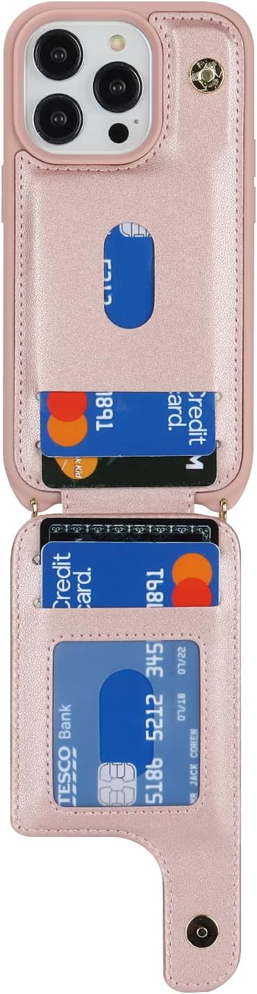 Lipvina for iPhone 14 Pro Case with Card Holder for Women,Phone Case with Strap,Crossbody Lanyard,RFID Blocking,Ring Stand,Snap Clasp,Cute Wallet Case 6.1 inch(Rose Gold)