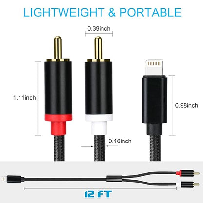 Lightning to RCA Cable Audio Aux Adapter, Stereo Y Splitter Adapter for Select iPhone iPad Models for Power Amplifier, Car, Home Theater, Speaker and More Silver 12FT
