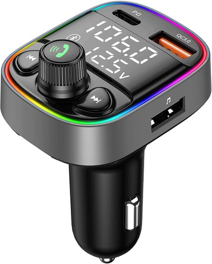 LIHAN Bluetooth 5.4 Bluetooth Car Adapter, FM Transmitter with QC3.0/Type-C 42W Fast Charging, Dual LED Display, HiFi Bass, Handsfree Calls/Audio Transmitter, TF/USB Music Player, 7-Color Backlit