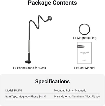 NEEWER Basics Magnetic Phone Stand for Desk, 360° Overhead Table Cellphone Holder Clamp Mount with Flexible Arm, Compatible with MagSafe iPhone Android Samsung for Bed Video Recording, PA151 Black