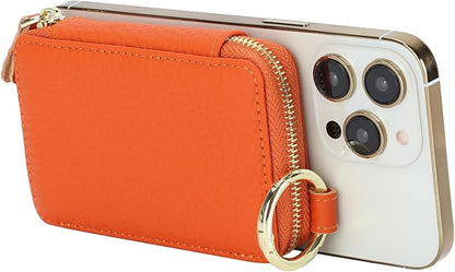 Cavor Compatible with MagSafe Wallet Genuine Leather Cash Wallets for Women, Magnetic Phone Wallet for iPhone 17 Pro Max/16/15/14/13/12, id Credit Card Holder with Mag safe Keychain-Orange