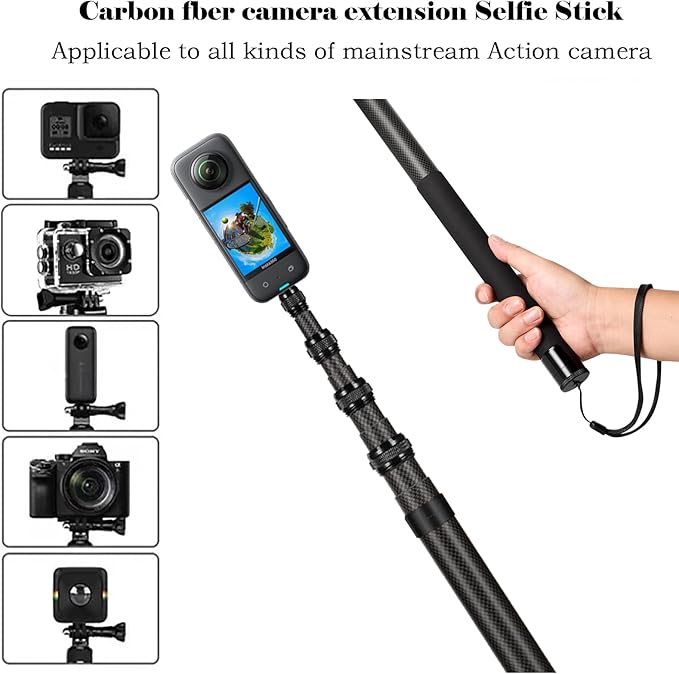 17-118"/3.0m Carbon Fiber Invisible Selfie Stick 9.8ft Extended Super Long Pole for Insta360 X5/X4 Insta 360 X3 ONE X2, ONE R, ONE X, ONE GO 3S 3 2 Gopro Max Action Camera Accessories