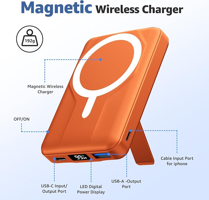 Azmuth Magnetic Power Bank,10000mAh for MagSafe Battery Pack, 22.5W PD Fast Charging,LED Display & Foldable Stand Wireless Portable Charger for iPhone 17/16/15/14/13/12/Pro/Pro Max/Plus,Orange