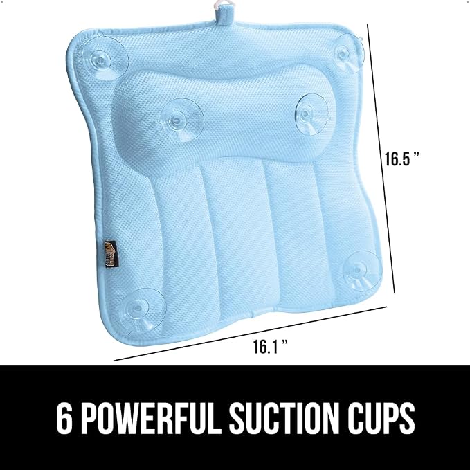 GORILLA GRIP Bath Pillow for Tub, 6 Strong Suction Cups, 4D Mesh FlexComfort Headrest for Neck, Head and Back Support, Luxury Machine Washable Pillows, Bathtub Accessories, Spa Gifts for Women, Blue