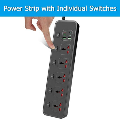 30W PD USB-C Fast Charging Power Strip,6 FT Extension Cord with Individual Outlet Switches, 5 Universal Sockets + 6 USB Ports, 110-240V 3000W Plug Adapter for Travel Home Office