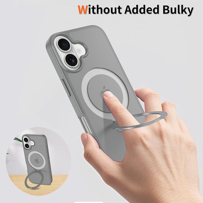 Ultra-Magnetic Stand for iPhone 17 Case [Military Drop Protection] [Compatible with MagSafe] Shockproof Translucent Matte Slim Ring Holder Case for iPhone 17 (Gray)