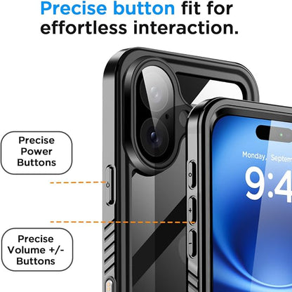 AICase Compatible with iPhone 16 Case Waterproof, Clear Water Proof Built-in Screen Protector Shockproof Dustproof Snowproof Full Body Rugged Underwater Phone Case