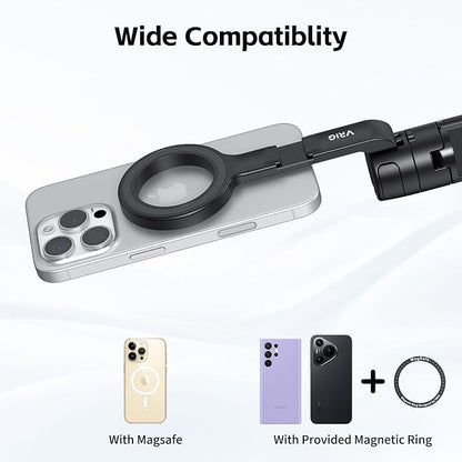 VRIG Magnetic Selfie Stick Tripod for iPhone with Cold Shoe,360 Rotatable Extendable Travel Phone Stand for Video Recording/Vlogging,Strong Holder with Metal Ring for iPhone 12-17/Android
