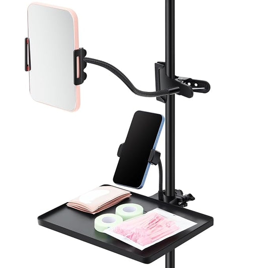 Saillong Adjustable Lash Tray Holder for Ring Light Tray 10.6" x 8" Lash Trays Organizer with Phone Holder, Makeup Mirror and Mirror Clip for Salon or Home Use Eyelash Extensions Supplies