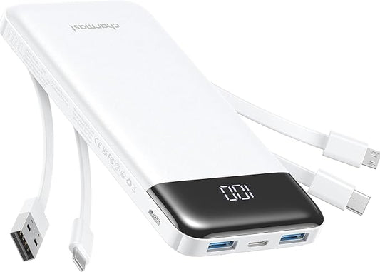 charmast Portable Charger with Reinforced Built-in 4 Cables,10000mAh Power Bank Travel Essentials 6 Outputs 3 Inputs 3A Fast Charging Compatible with iPhone iPad Samsung Google Pixel LG Moto etc.