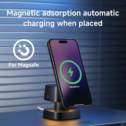 4 in 1 Magnetic Wireless Charging Station,15W Fast Charging with Adjustable Night Light,3 in 1 Wireless Charging Station for iPhone 17/16/15/14/13 Pro Max & Apple Watch,AirPods (Starlight Gray)