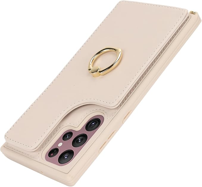 Lipvina for Samsung Galaxy S22 Ultra Case with Card Holder and Strap for Women,Crossbody Lanyard,RFID Blocking,Stand Ring Kickstand,Snap Clasp,Phone Wallet Cases 6.8 inch(Beige)