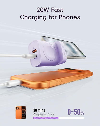 VRURC Charger for iPhone & Apple Watch, 20W USB C Fast Charging Block, 3-in-1 Compact Travel Adapter with 2 Port for iPhone 17/16/15/14/13, Wireless Magnetic for iWatch SE/11/10/9/8/7/6/5/4-Purple