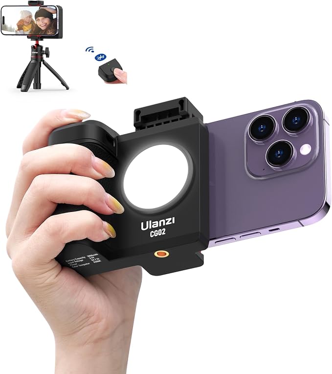 CG-02 Grip Holder for Smartphone Upgraded Phone Camera Grip w Remote Shutter Handheld Tripod Mount Fill Light Handheld Photography Accessories Compatible with iPhone 17 16 15 14 Pro Max etc