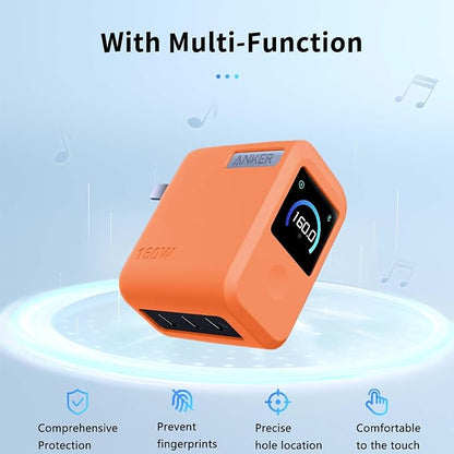 NOUKAJU Case for Anker Prime Charger 160W, Silicone Protective Cover with 2pack Screen Protector,Drop-Proof,Scratch-Proof,Shock-Proof,Dust-Proof,Screen Protector for Anker 160W Charger(Orange)