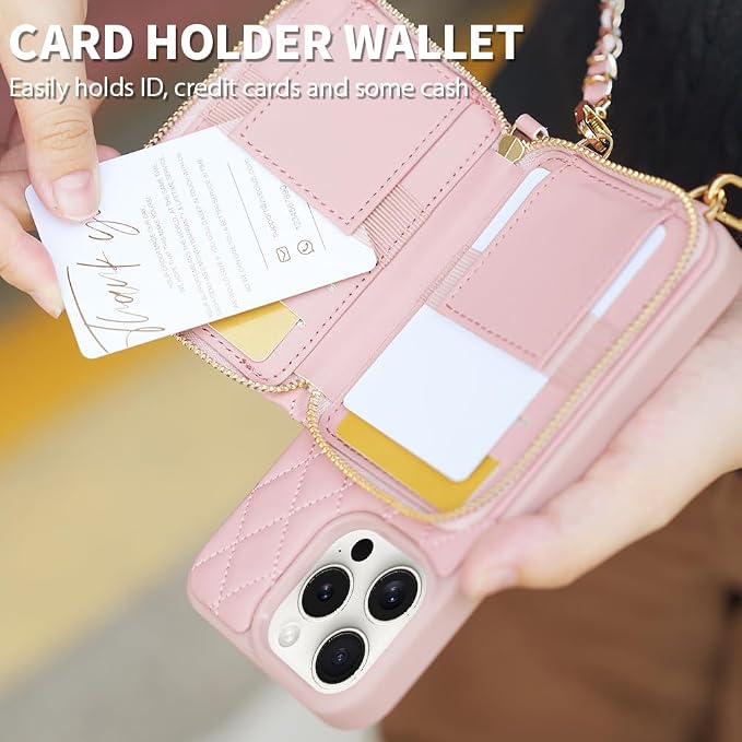 LAMEEKU for iPhone 15 Pro Max Case Wallet, Crossbody Wallet Case with Card Holder, Quilted Leather Case with Chain Strap, RFID Protectionn Cover for Women for iPhone 15 Pro Max 6.7" Pink