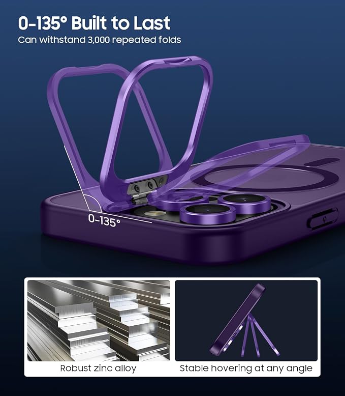 for iPhone 16 Pro Max Case, Compatible with MagSafe, Built-in Camera Ring Stand, with Individual Camera Cover, Translucent Matte Military-Grade Drop Protection Magnetic Case, Purple