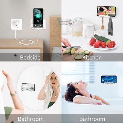 Clear Wall Mount Adhesive Phone Holder,Multi-Function Cell Phone Charging Brackets Holders,Hook for Living Room, Kitchen, Bathroom, Office,Compatible with Most Phones and Tablet
