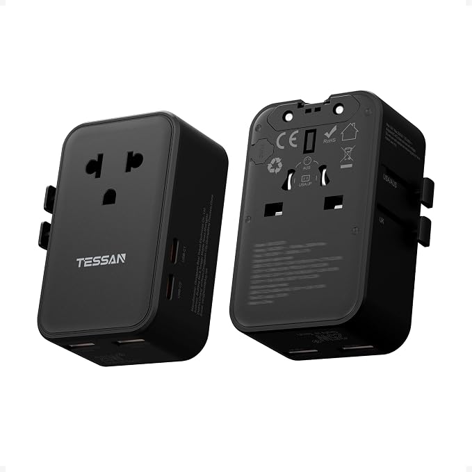 TESSAN International Power Adapter PD 25W, Black | Ultra Thin Universal Travel Adapter, 2 USB A 2 USB C, US to European UK Australia Ireland, Type C G A I