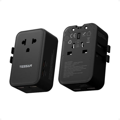 TESSAN International Power Adapter PD 25W, Black | Ultra Thin Universal Travel Adapter, 2 USB A 2 USB C, US to European UK Australia Ireland, Type C G A I