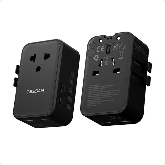 TESSAN International Power Adapter PD 25W, Black | Ultra Thin Universal Travel Adapter, 2 USB A 2 USB C, US to European UK Australia Ireland, Type C G A I