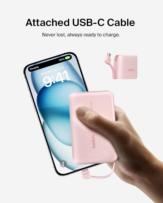 Belkin Portable Charger Power Bank USB C, 10000 mAh w/Integrated Cable, 20W Fast Charge USB-C Power Delivery, iPhone Charger, Apple iPhone 17, Air, Pro, Pro Max, iPad, Samsung Galaxy S25 - Pink