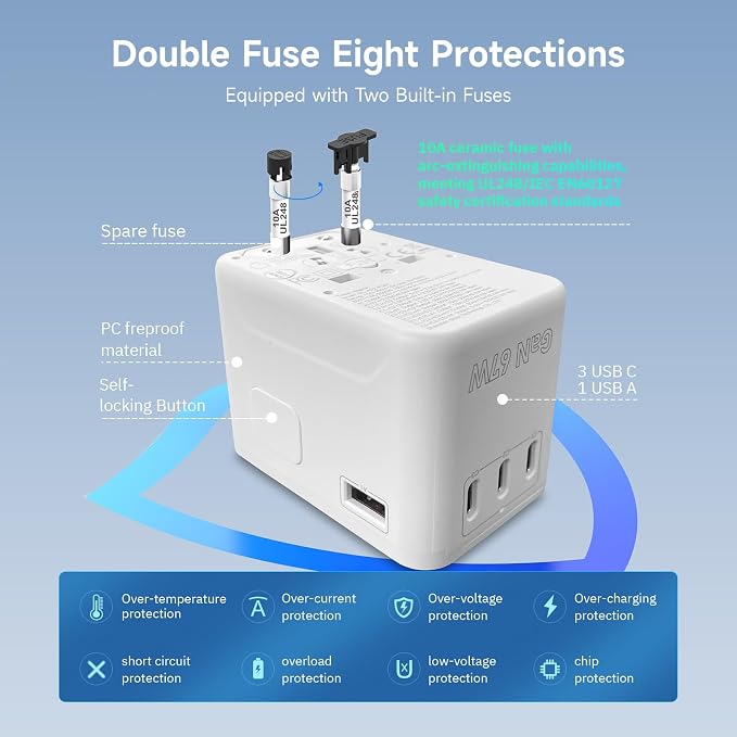 67W GaN Universal Travel Plug Adapter - International Power Adapter with 3 USB C & 1 USB A, Worldwide Power Outlet Travel Essentials for USA to European UK AUS Ireland, Type C/G/I/A (White)