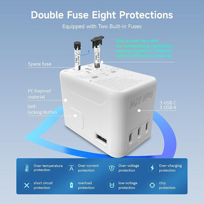 67W GaN Universal Travel Plug Adapter - International Power Adapter with 3 USB C & 1 USB A, Worldwide Power Outlet Travel Essentials for USA to European UK AUS Ireland, Type C/G/I/A (White)