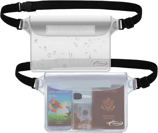 AiRunTech Waterproof Pouch with Waist Strap (2 Pack) | Beach Accessories Best Way to Keep Your Phone and Valuables Safe and Dry | Perfect for Boating Swimming Snorkeling Kayaking Beach Pool Water Park