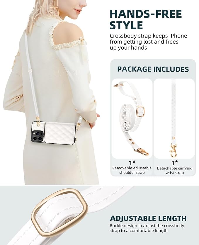 OCASE Compatible with iPhone 16 Pro Crossbody Wallet Case with Card Holder, PU Leather Zipper Handbag Phone Purse with RFID Blocking Kickstand Wrist Strap Lanyard 6.3 Inch, Diamond Check Cream