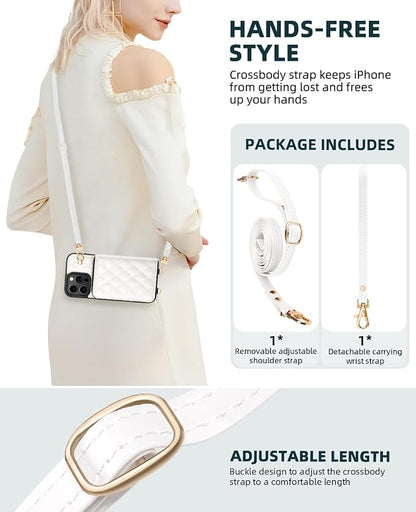 OCASE Compatible with iPhone 16 Pro Max Crossbody Wallet Case with Card Holder, PU Leather Zipper Handbag Phone Purse with RFID Blocking Kickstand Wrist Strap Lanyard 6.9 Inch, Diamond Check Cream