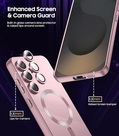 Magnetic for Samsung Galaxy S25 FE Case [Compatible with MagSafe][Built-in Camera Lens Protector] Slim Soft Silicone Bumper Shockproof Metallic Luster Phone Case, Rose Gold