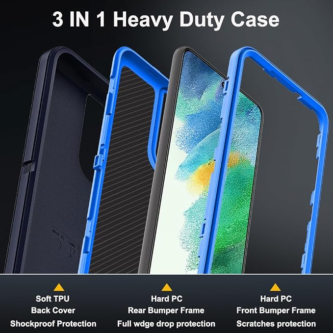 for Samsung Galaxy S21 FE Case with 2Pcs Screen Protector and 1Pcs Camera Lens Protector, Military Grade Heavy Duty Shockproof/Drop Proof/Dust Proof Case (Navy Blue)