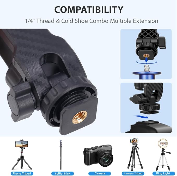 Koolehaoda Phone Tripod Mount, Universal Smartphone Holder 360° Rotates and 180° Tilts Adjustable with 2 Cold Shoe and 1/4" Screw for iPhone, Android Cell Phone, Selfie Stick, Camera Stand