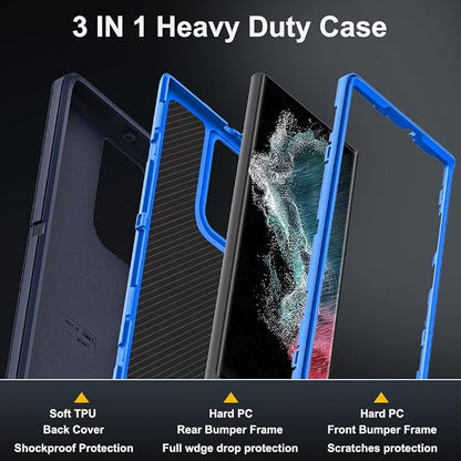 for Samsung Galaxy S22 Ultra Case with 2Pcs Self Healing Flexible TPU Screen Protector & Camera Lens Protector, 3 in 1 Heavy Duty Shockproof/Drop Proof/Dust Proof Case (Navy Blue)