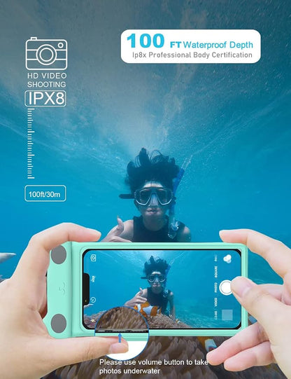 wellhouse Waterproof Phone Pouch, Waterproof Phone Case for iPhone 17 16 15 14 Pro Max XS Samsung, IPX8 3D Cellphone Dry Bag Beach Essentials -Kitten Crystal Mint