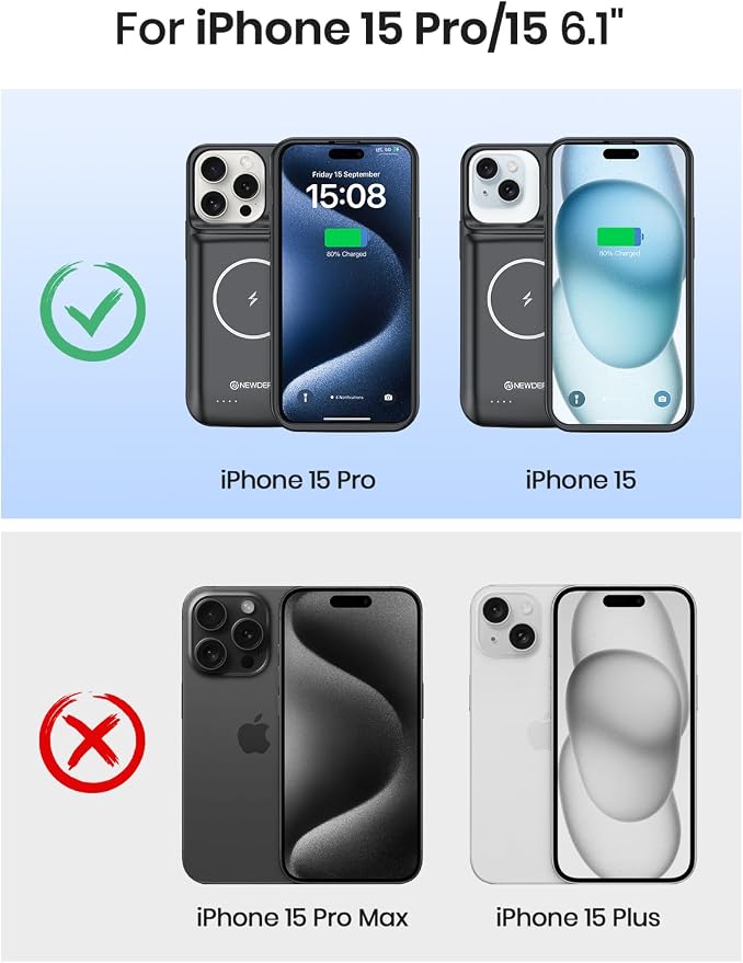 NEWDERY Battery Case for iPhone 15 Pro/iPhone 15 10000mAh, USB C Qi Wireless Charging Case, Portable Rechargeable Extended Charger Case Battery Pack - 2023 Release Black