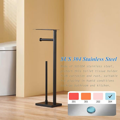 Freestanding Toilet Paper Holder Stand – Stainless Steel Bathroom Tissue Holder with Storage Tray & Roll Organizer, Square Design (Matte Black)