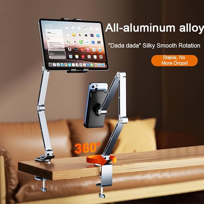 Heavy Duty Phone/Tablet Metal Holder Adjustable Foldable Stand for Desk/Bed Aluminum Universal Lazy Bracket 360° Rotation Flexible Long Arm for 4-13 Inch Devices (Grey, CT9)
