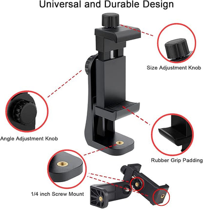 Cell Phone Tripod Mount Adapter, Universal Phone Holder Adjustable Clamp, 360 Degree Rotatable Bracket 1/4" Screw Clip for iPhone, Samsumg, Selfie Stick, Monopod (Black-2 Pack)