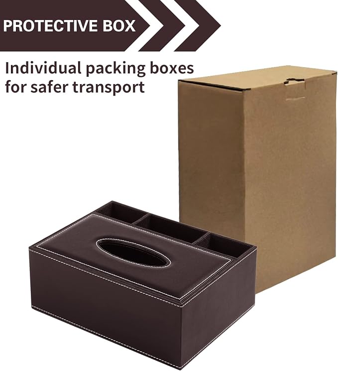 PU Leather Rectangular Tissue Box Cover - Multifunctional Tissue Box Holder with Stationery Remote Control Box, Decorative Tissue Pen Remote Organizer for Home/Office/Restaurant (Brown)