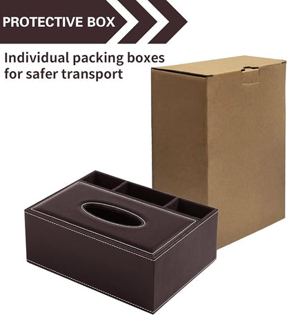 PU Leather Rectangular Tissue Box Cover - Multifunctional Tissue Box Holder with Stationery Remote Control Box, Decorative Tissue Pen Remote Organizer for Home/Office/Restaurant (Brown)