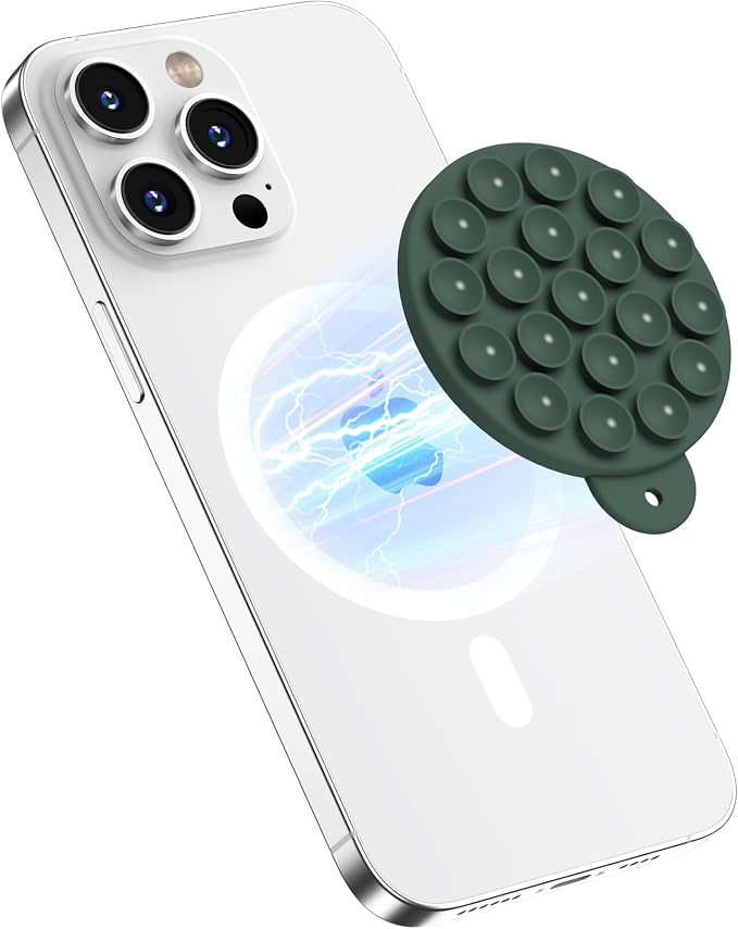 Magnetic Suction Cup Phone Mount, Compatible with MagSafe, Silicone Octo Cup Buddy Sticky Grip Holder for iPhone and Android, Removable Hands-Free Selfie/Video for TikTok, Alpine Green
