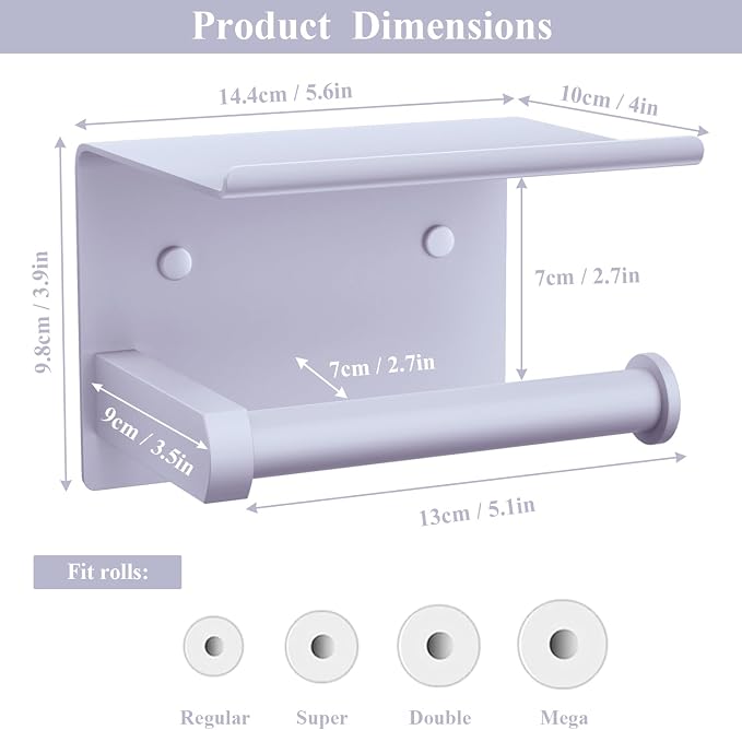 Tindbea Toilet Paper Holder with Shelf Adhesive or Screw Wall Mounted Toilet Paper Roll Dispenser Storage, Stainless Steel Bathroom Shelf Holder Accessories (Lavender Purple)