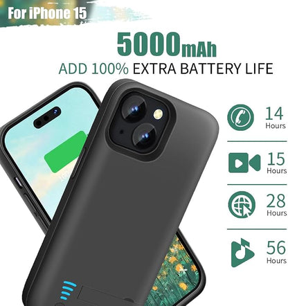 Battery Case for iPhone 15, 5000mAh Rechargeable Extended Battery Charging/Charger Case, Add 100% Extra Juice (6.1 inch) Black