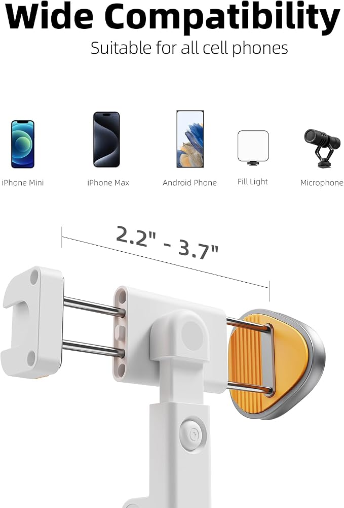 TODI 63" Phone Tripod, Extendable Selfie Stick with Wireless Remote and Phone Holder, Portable All-in-1 Cell Phone Tripod Stand for Video Recording, Compatible with iPhone/Android (White) (Pack of 2)